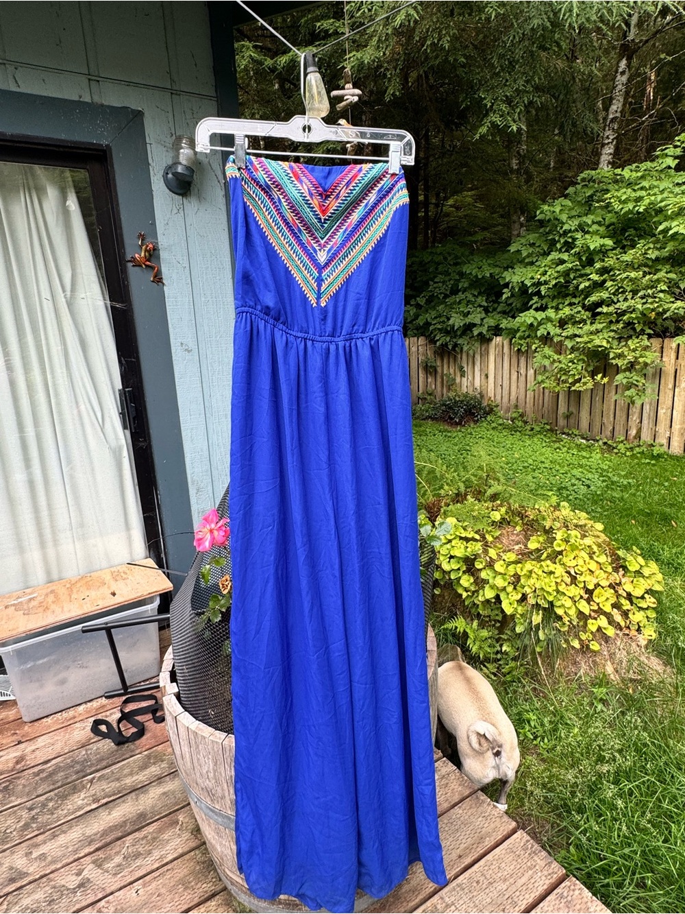 Alya Strapless Royal Blue Maxi Jumpsuit with Colorful Chevron Embroidery